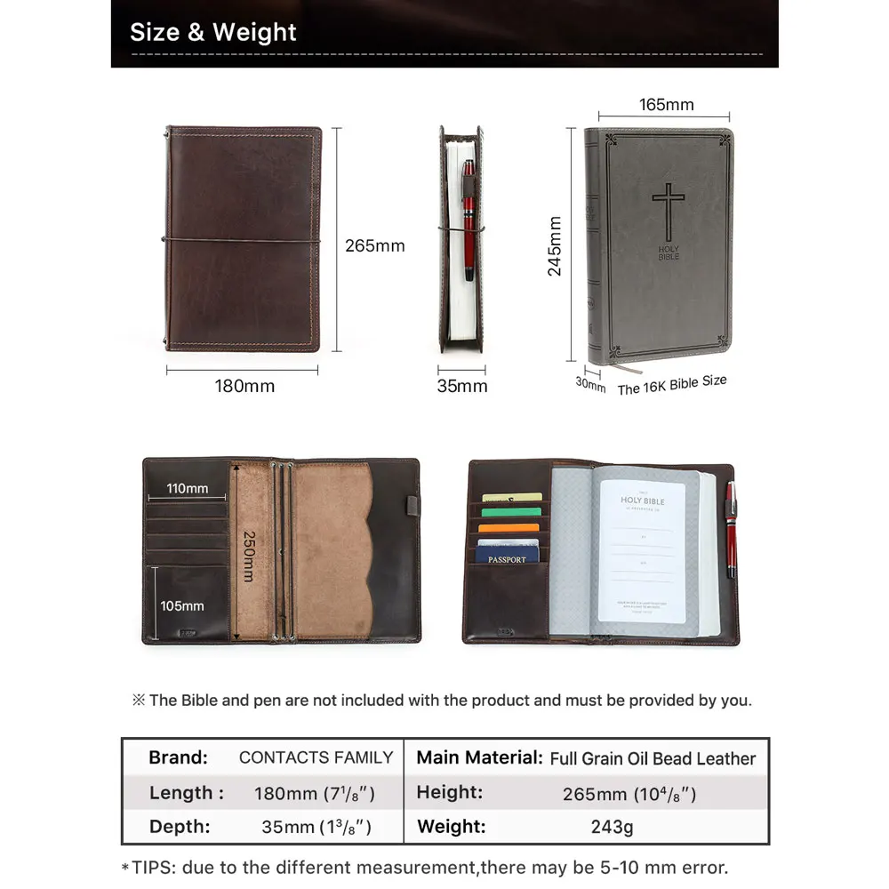 Vintage  Bible Carry Case Protective Book Custom Leather Holy Bible Book Case CoverWith Pen Hold Christian Gifts For Men Women