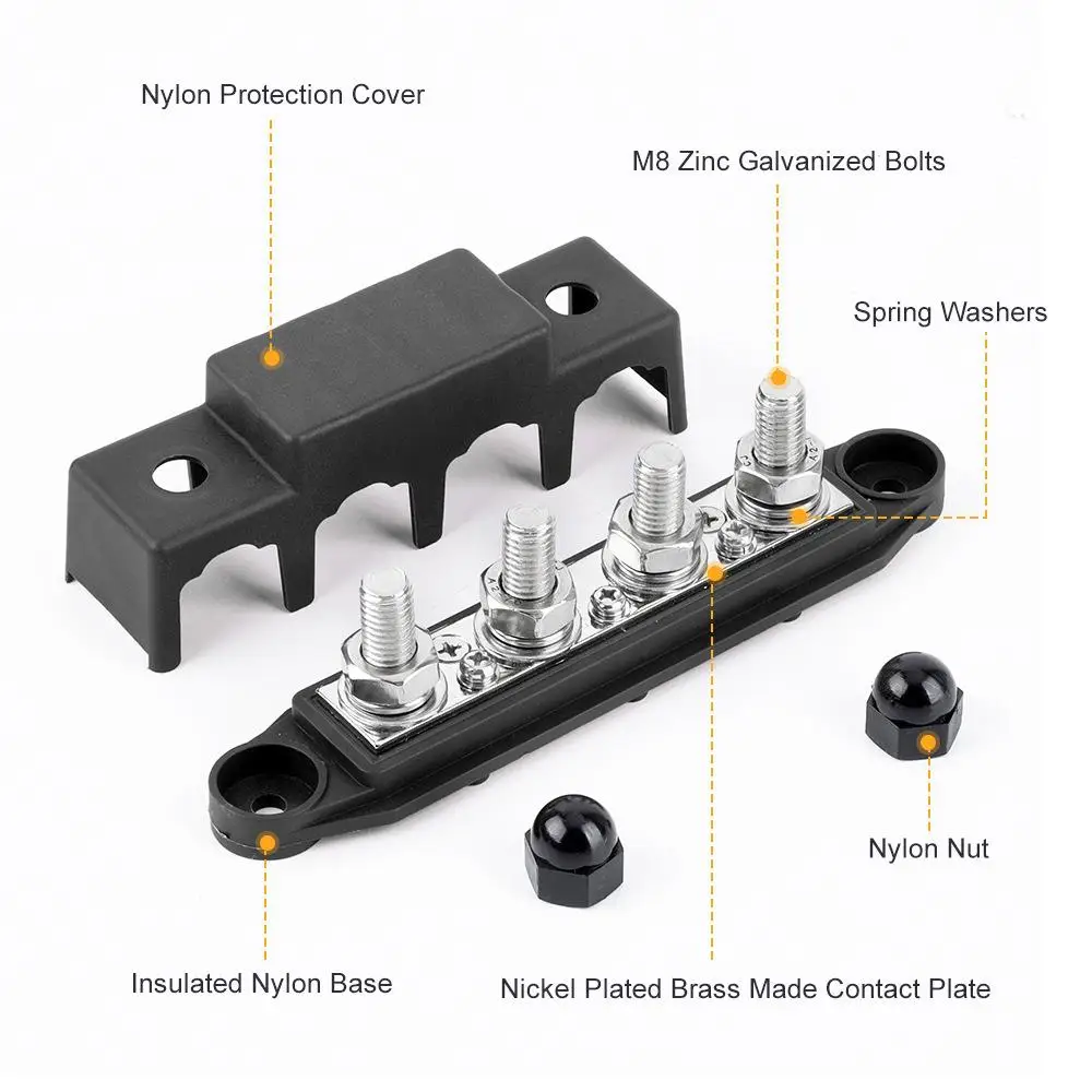 12V 24V 48V 250A Positive Negative M8 M10 Bus Bar Terminal Battery Power Distribution Block With Cover for Boat RV Truck Camper