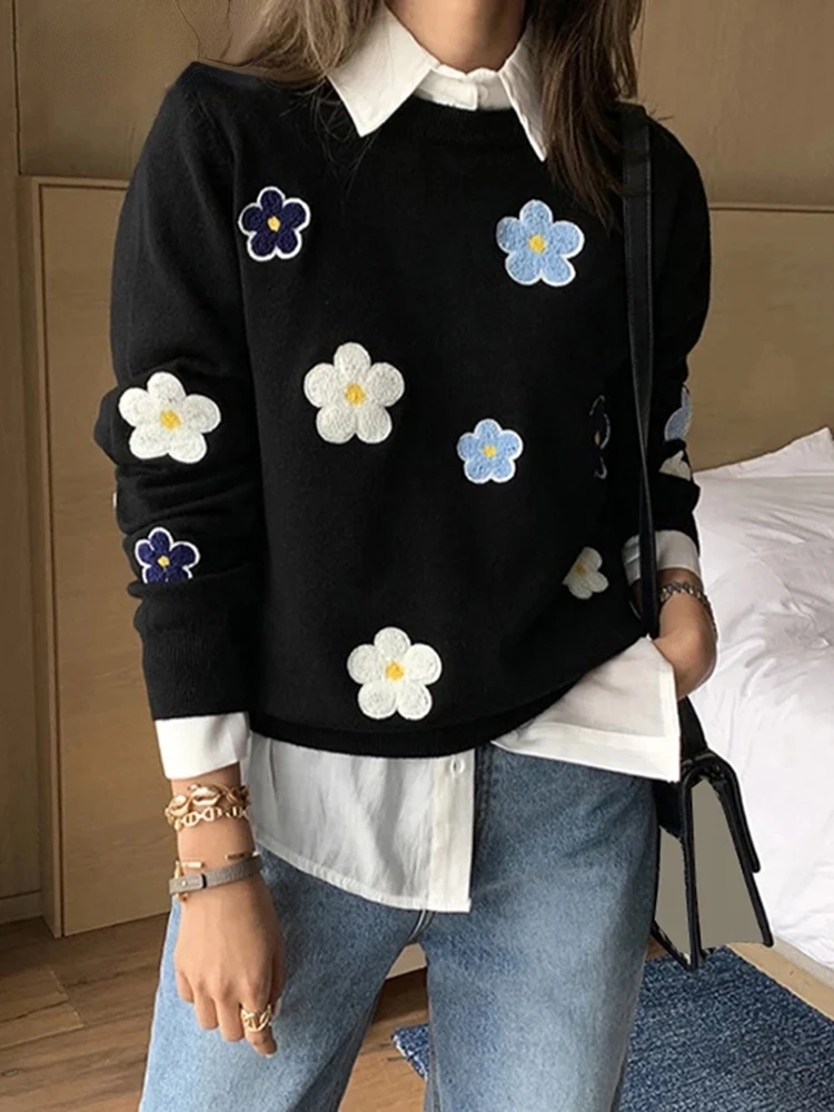 Korean Floral Embroidered Pullover Sweater High Quality Women Elegant O Neck Knitted Tops