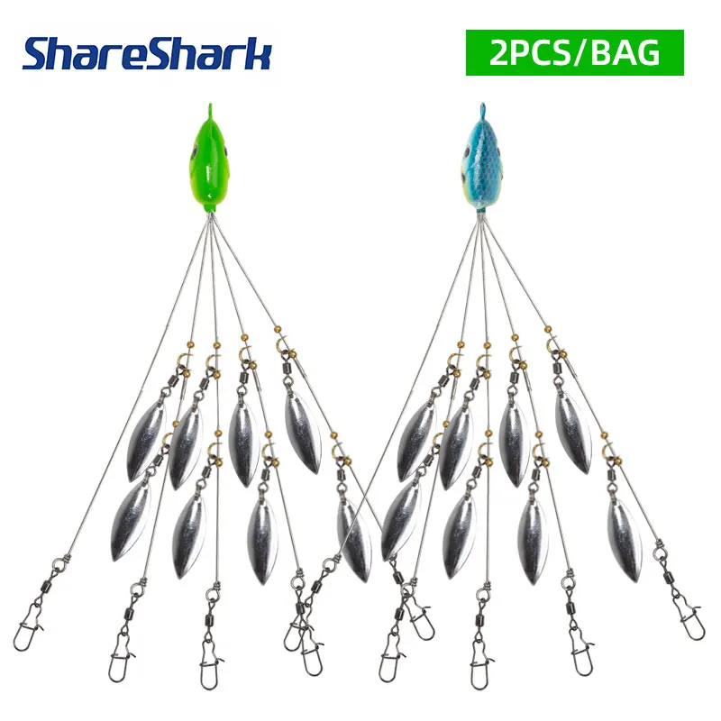 ShareShark 2 piezas/bolsa Señuelo de pesca Alabama Umbrella Rig con 8 señuelos giratorios, enganche giratorio de acero inoxidable, equipo de pesca en alta mar