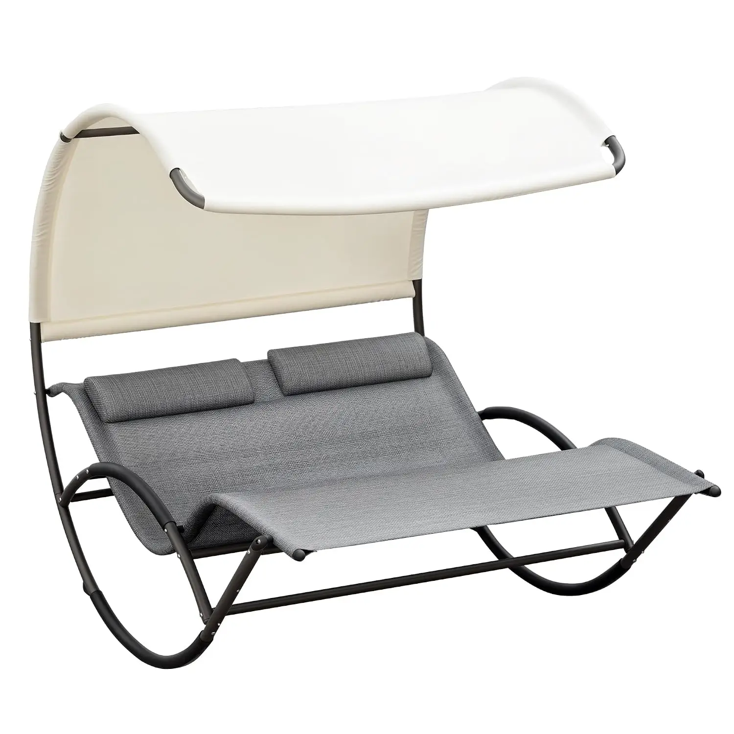 Outdoor Double Chaise Rocker with Canopy Shade, Headrest Pillow & Armrests for Garden Poolside Day Bed Lounger, Customized