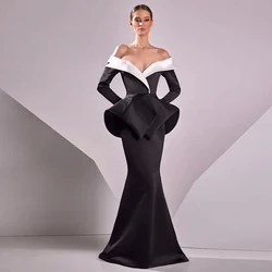 Classic Party Dress Black White Contrast Color Satin Women's Evening Gowns Ruffles Trumpet Off-the-shoulder  2024 Formal Dress