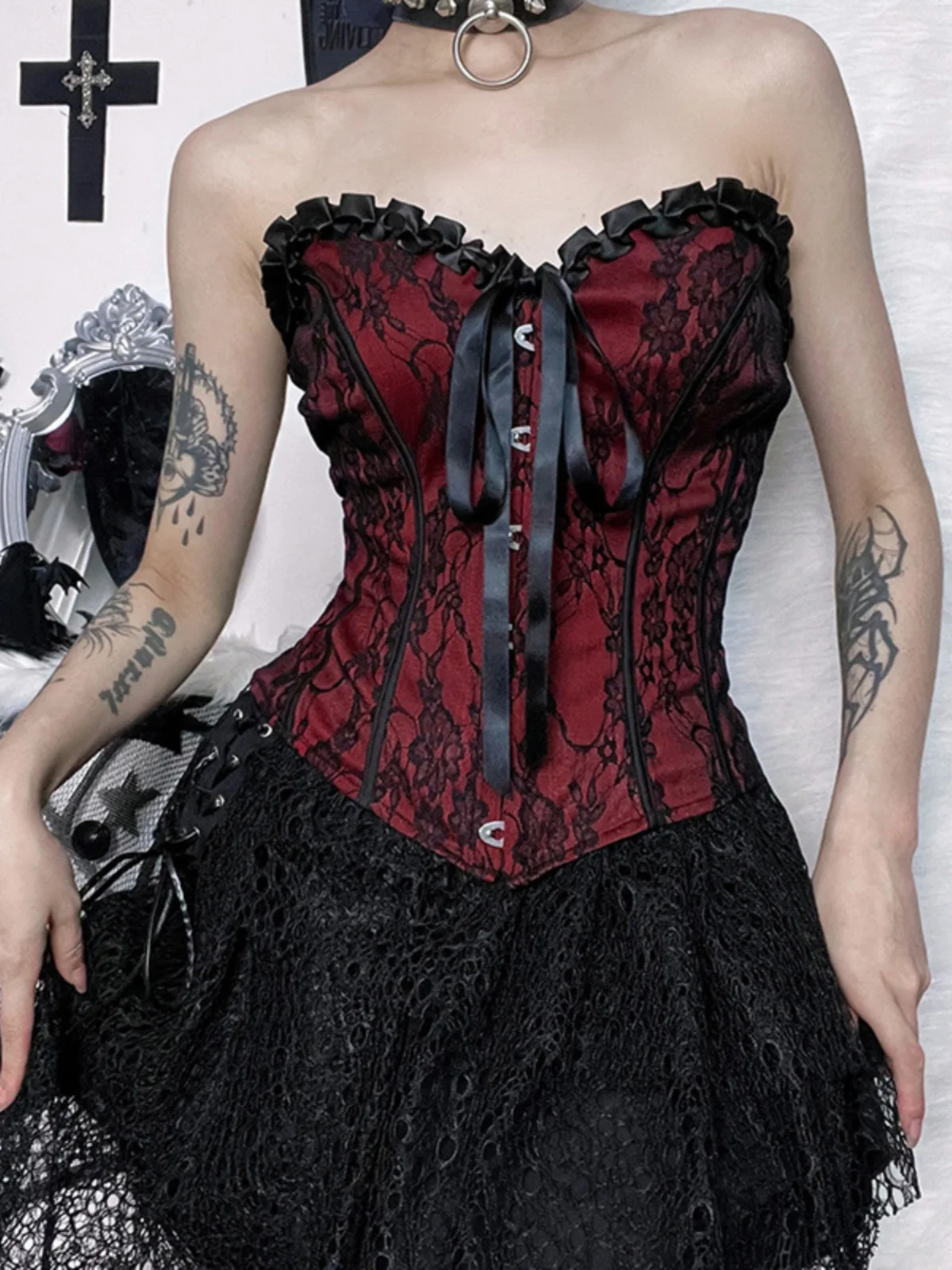 Punk Gothic Top Women Camisole French Court Fishbone Waist Corset Red Drama Costume Sexy Strapless Hot Girl Waist Tank Top