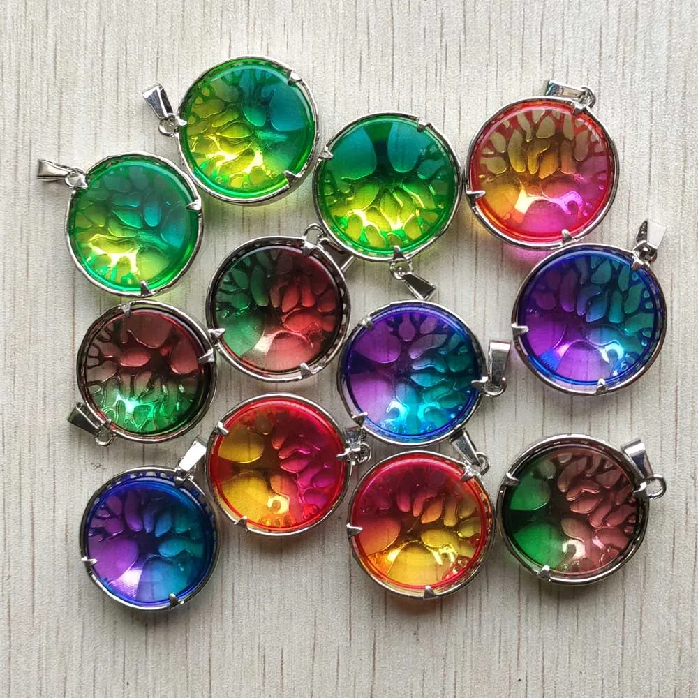 Beautiful colorfull glass alloy tree of life Pendants for jewelry accessories making supplies free shipping Wholesale 12pcs/lot