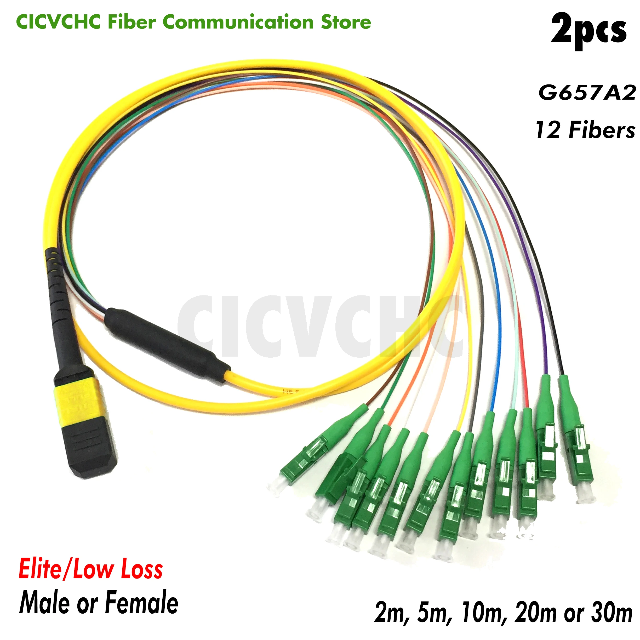 2pcs 12 fibers-MPO/APC Fanout LC/APC -G657A2-Elite/Low loss-Male/Female with 0.9mm-2m to 30m/MPO Assembly