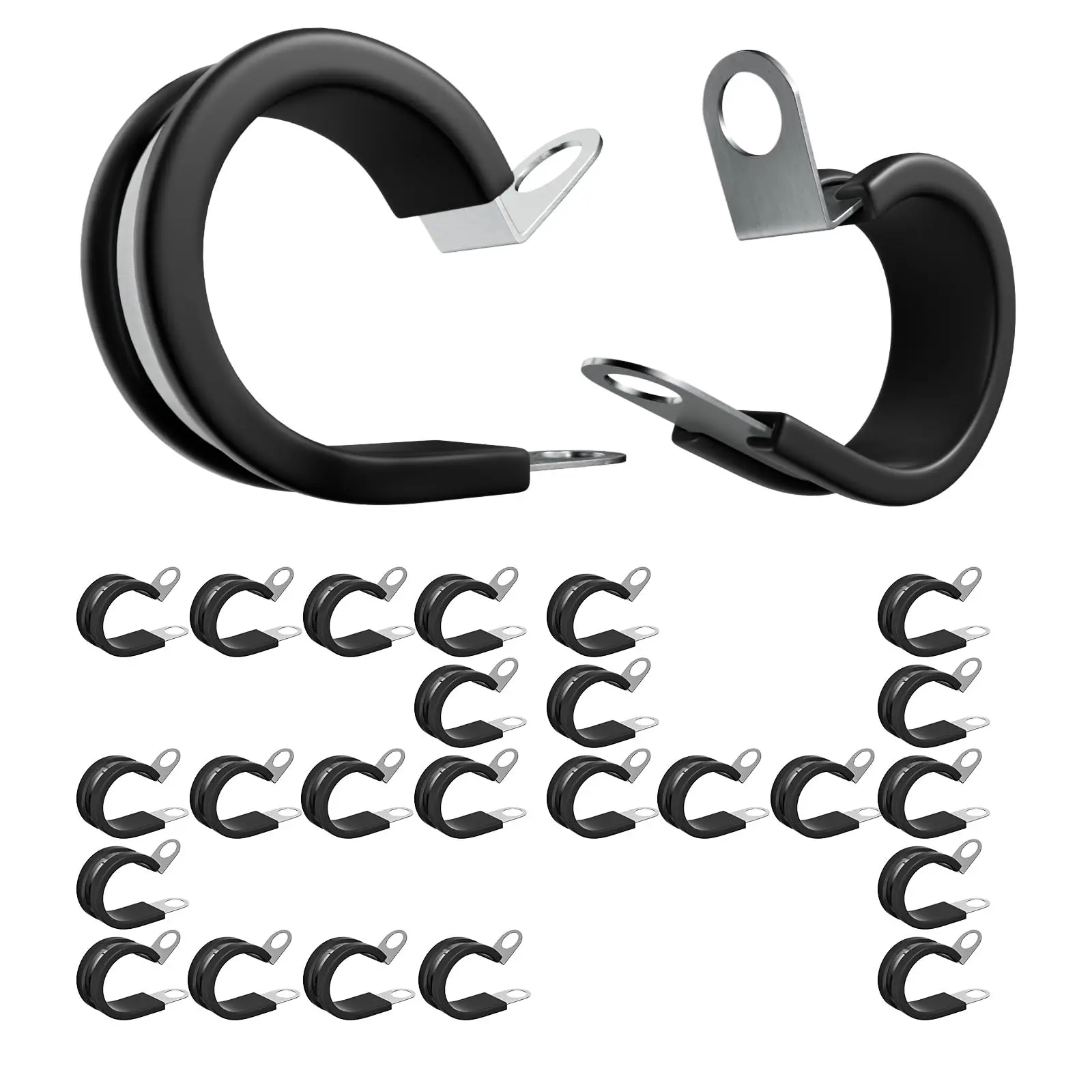 24pcs Rubber Lined P Clips Cable Mounting Hose Pipe Clamp Fixing Pipes 304 Stainless Steel Bracket Fasteners Wire Clamp 6-38mm