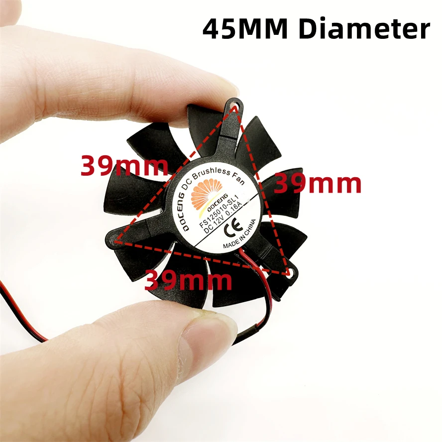 Wysokiej jakości wyjątkowo cichy wentylator VGA o średnicy 45 mm Łopatka wentylatora 39 mm Rozstaw otworów 12 V 0,16 A 2 pin