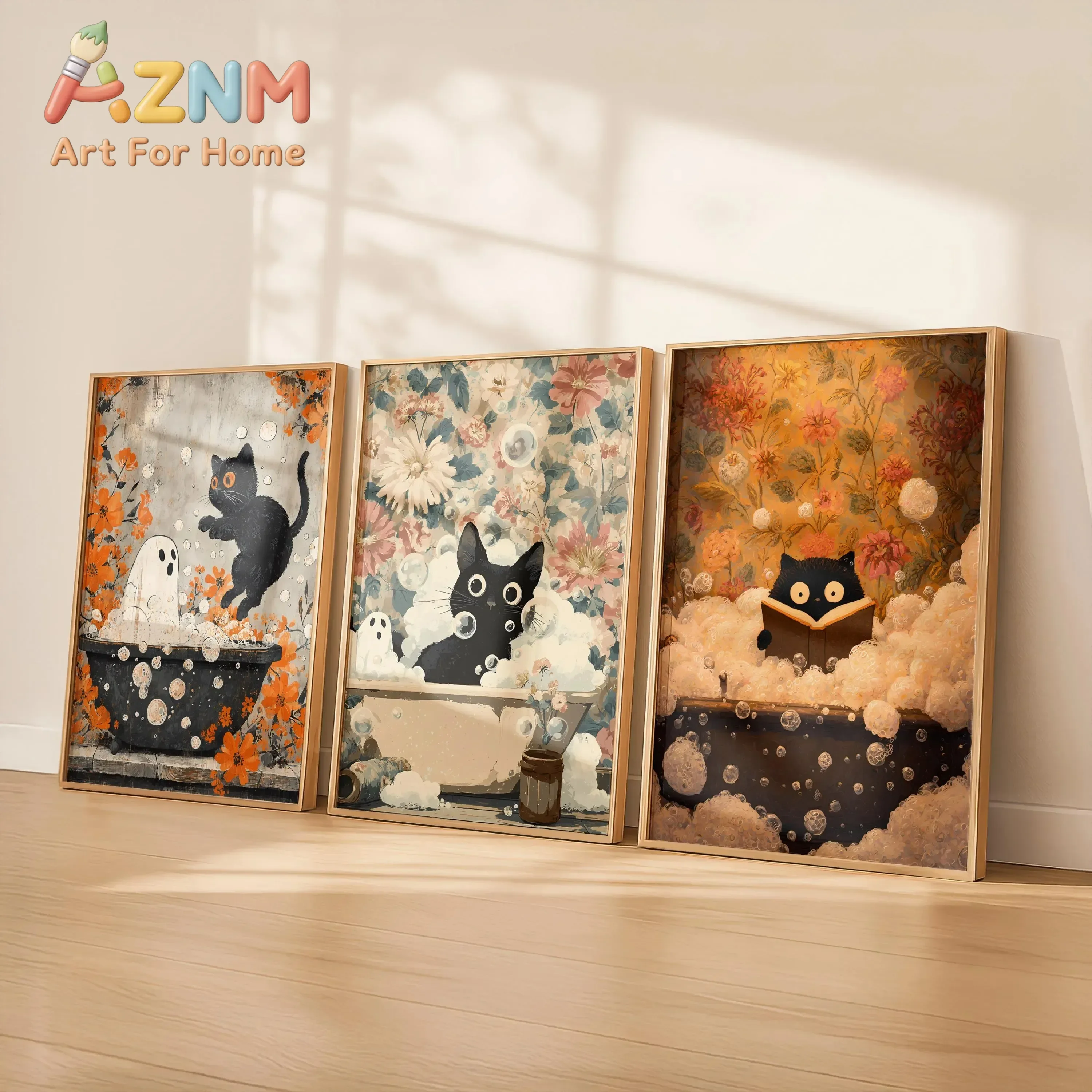 Funny Retro Bathroom Decor | Soft Gothic Halloween Wall Prints | Perfect Gift for Cat & Ghost Lovers