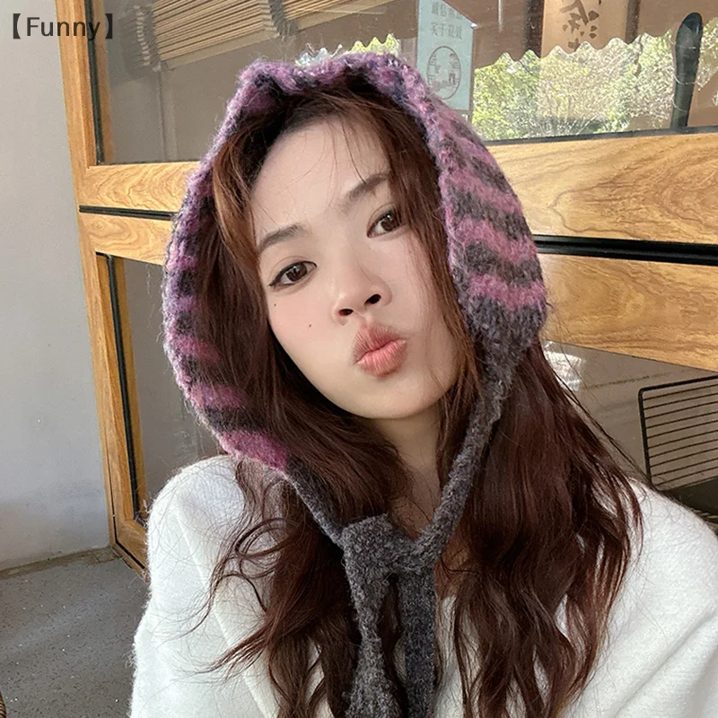 DapatFunny OrganiSmall bufanda mujer estilo coreano banda para el cuello calentador de orejas gorro de doble propósito lana tejida a rayas versátil Linda banda para el cuello