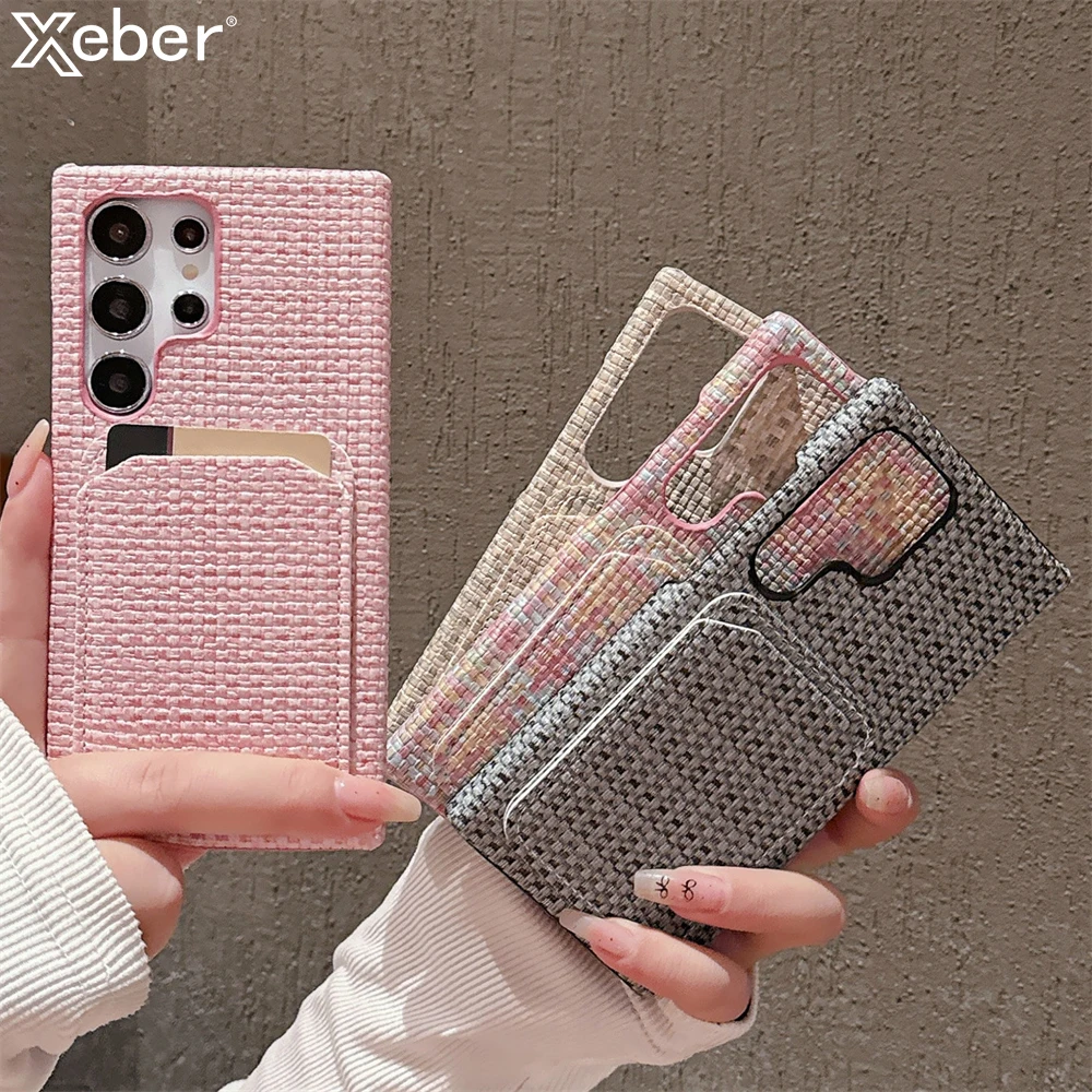 Luxury Leather Weave Pattern Card Slots Holder Wallet Case For Samsung S25 S22 S23 S24 Ultra Plus Matte Colorful Pocket Cover