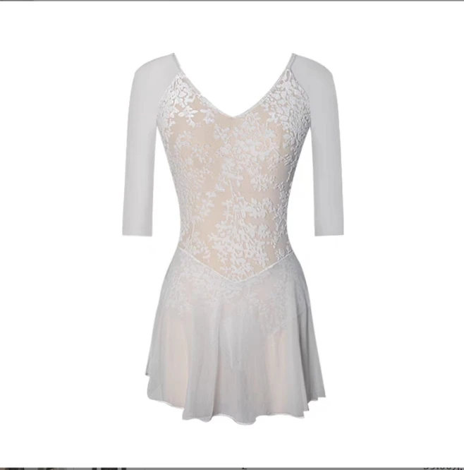 Women's Bodycon Printed Belt Dress Short-Sleeved Ballet Dress Flocking Rotten Flower Belt Skirt Gymnastics Clothes Body Clothes