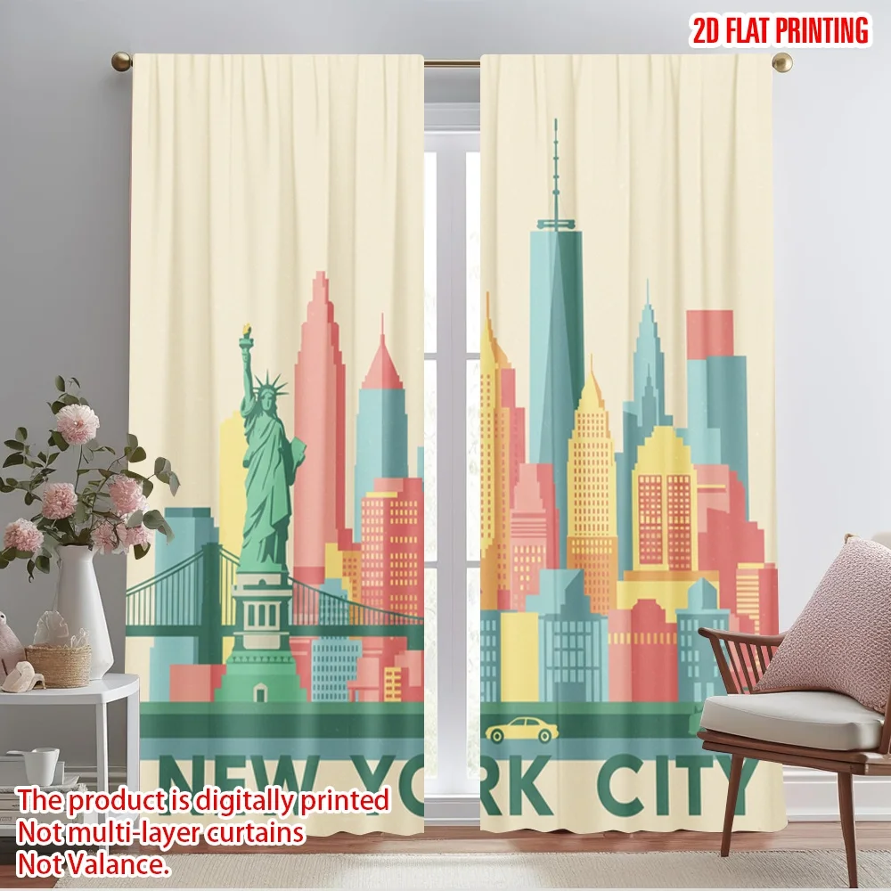 

2pcs 2D flat printing Window Curtains New York City Skyline Fabric Without Electricity Birthday Party Perfect for Holiday