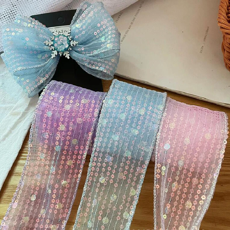 20Yards 50MM Sequin Vertical Stripe Double Yarn Silver Line Edge Ribbons Hair Bows DIY Crafts Handmade Accessories