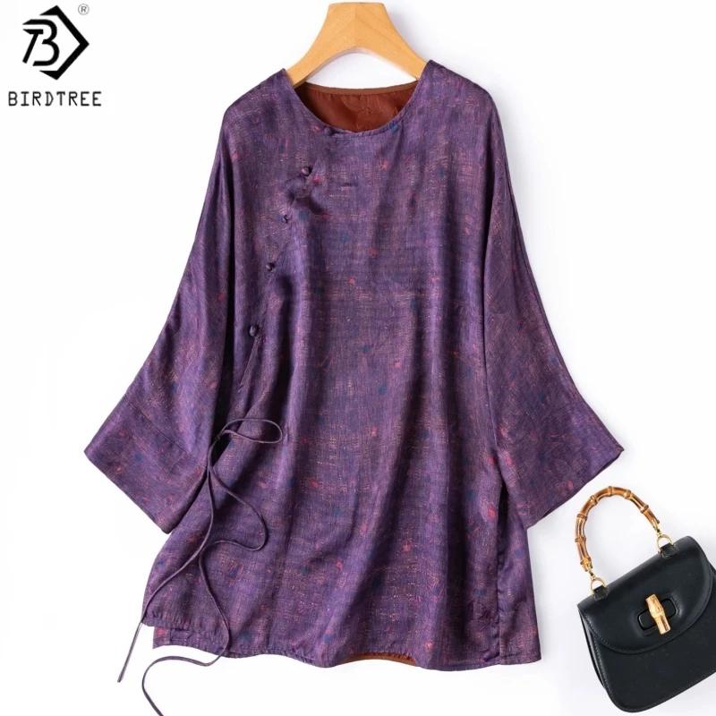 

Birdtree, 24MM 100% Silk Blouse, Long Sleeve Shirt, Women Floral Luo Xiangyunsha Tops, Chinese Style, 2026 Summer New T65802JF