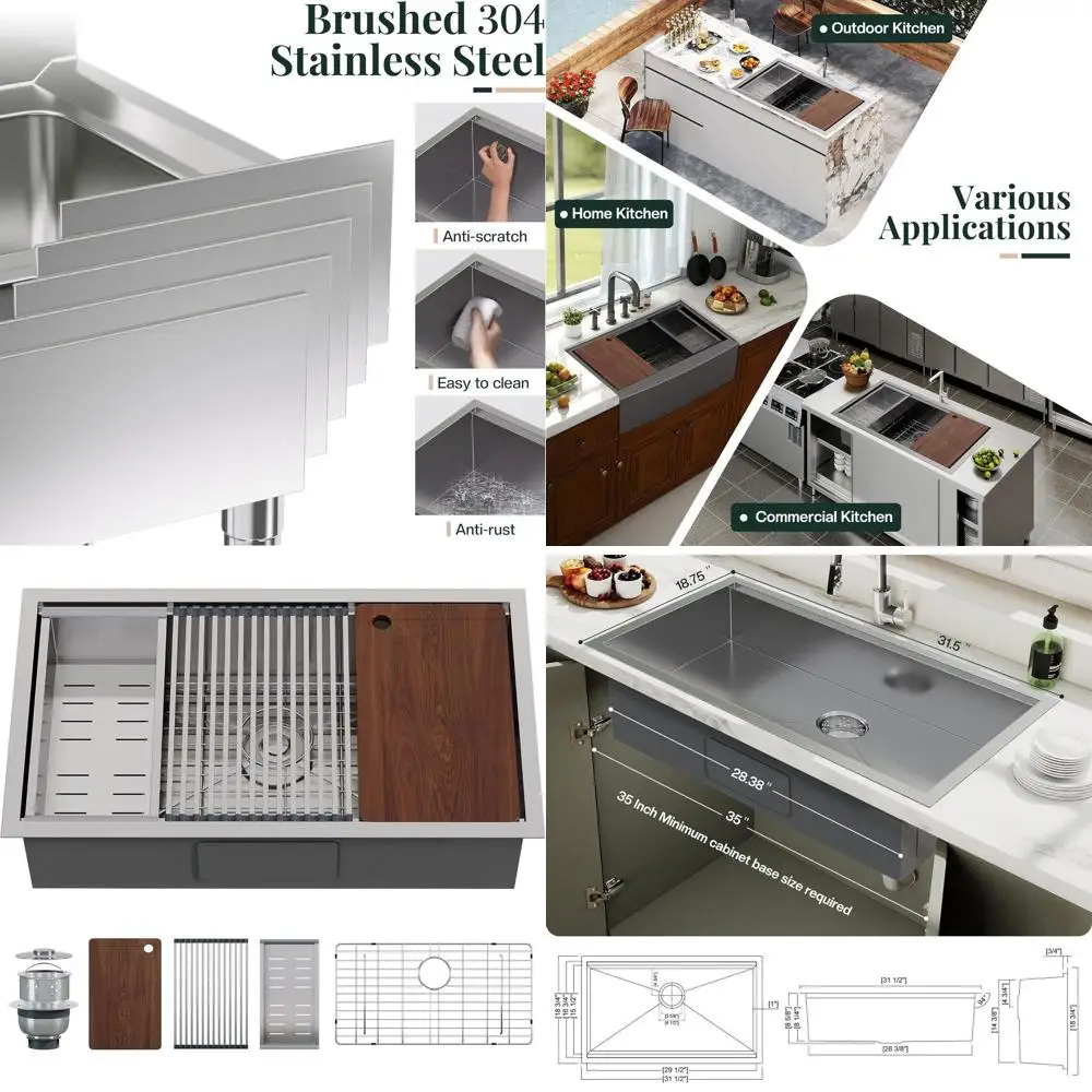 

Кухонная мойка из нержавеющей стали 19x32 дюйма, одинарная, подстольная, с разделочной доской, аксессуарами и сливом