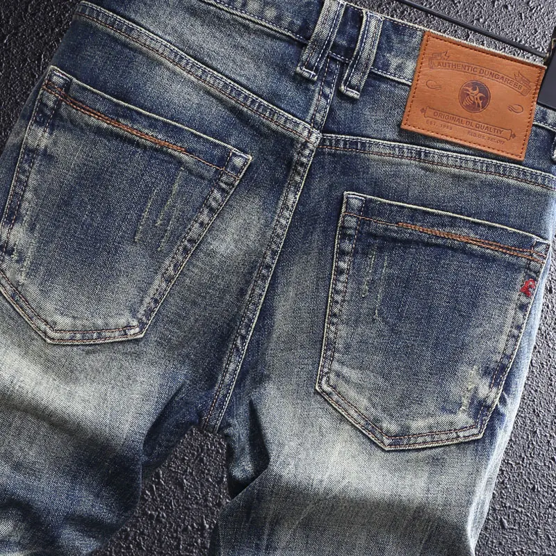 Fashion Designer Men Jeans High Quality Retro Washed Blue Elastic Slim Fit Ripped Jeans Men Trousers Vintage Denim Pants Hombre