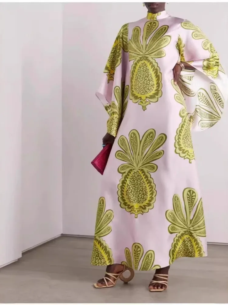 Vestido largo bohemio con estampado de primavera para mujer, vestido Sexy de fiesta con cordones y cuello levantado, vestidos largos holgados de manga larga Retro étnicos de otoño para mujer