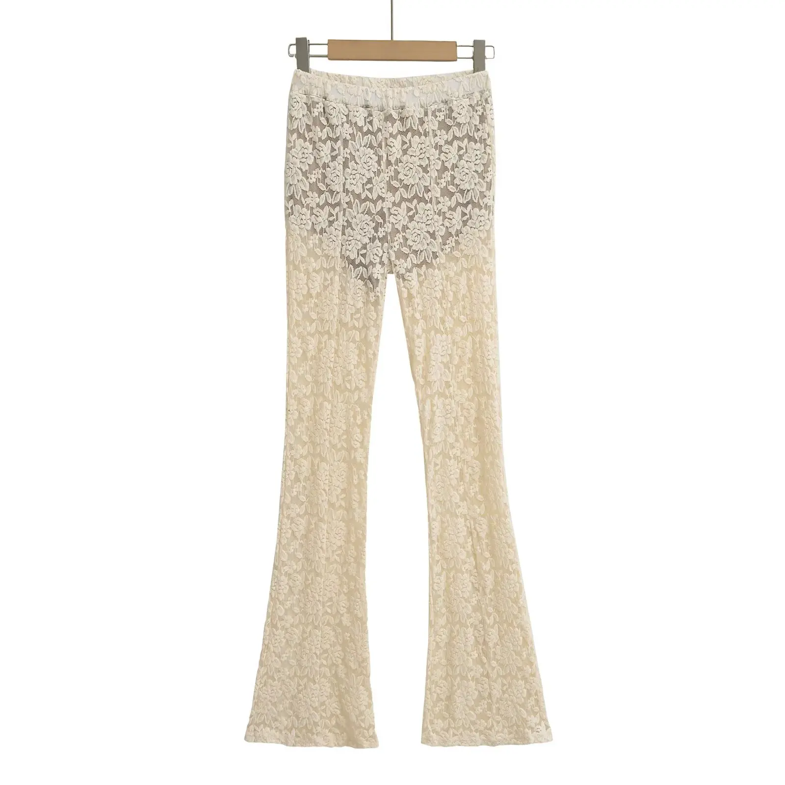 Letnie spodnie z koronkowym wykończeniem, łączone z przezroczystego materiału, długie, z lekko rozszerzanymi nogawkami, wysokim stanem, zapinane na zamek, codzienne spodnie.