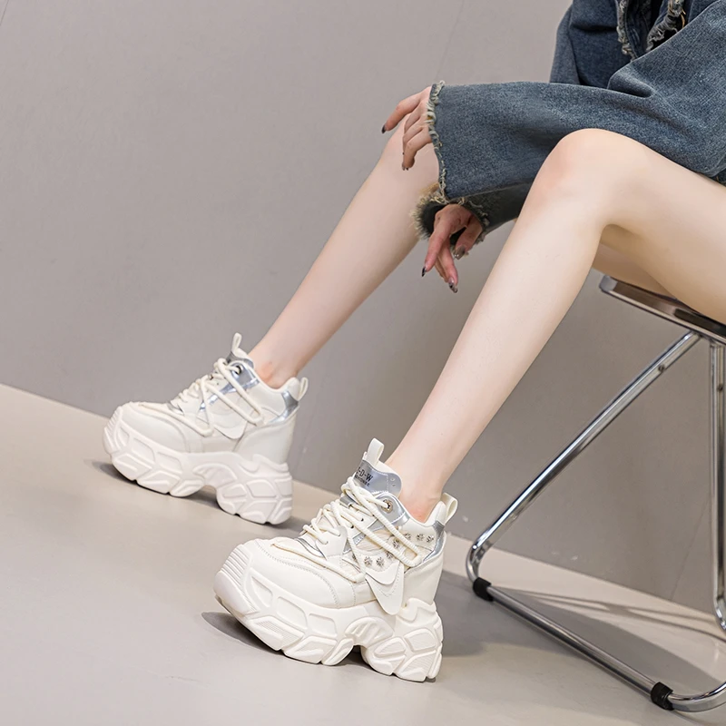 AUTUSPIN 12cm High Platform Casual Shoes for Women Fashion Invisible Height Ladies Genuine Leather Sneakers Outdoor Street Tide
