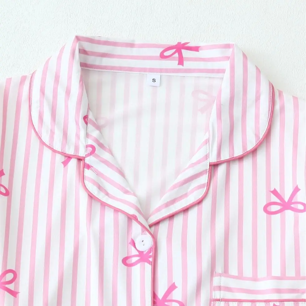 

Elegant Stripe Bow Pajamas Set Casual Loose Sweet Pajamas Suit Home Wear Korean Style Two Piece Nightwears Women