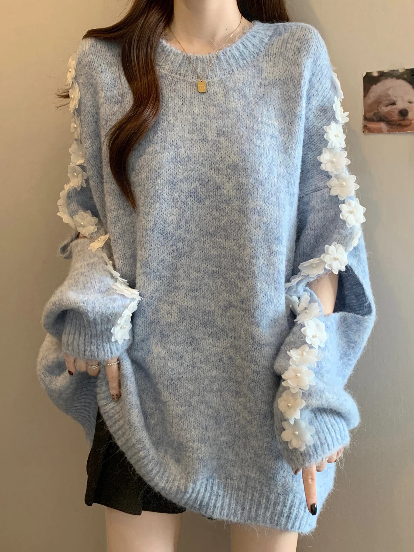 

Blue Lace Splicing Lazy Baby Knitted Sweater Women's Autumn Winter plus Size Fat MM Design Sense Anti Aging Top
