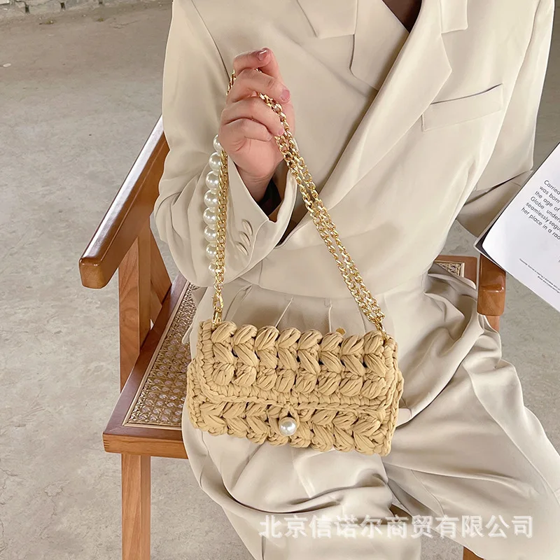 Woolen Knitted Braid Handbag Crochet Shoulder Bags  Women Hand-woven pearl shoulder strap Bag Wool Vacation Casual Tote Travel