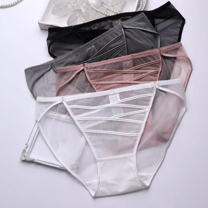 Lace Mesh Transparent Erotic Underwear Women\'s Low Waist Crotch Cotton Satin Perspective Panties Sexy Seamless Briefs Lingerie