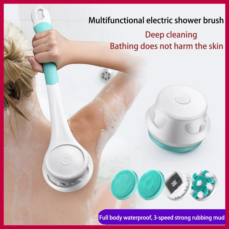 Hot Sale 4 In 1 Long Handle Multi Functional Waterproof Soft Back Massage Electric Brush Silicone Bath Body Brush 2023