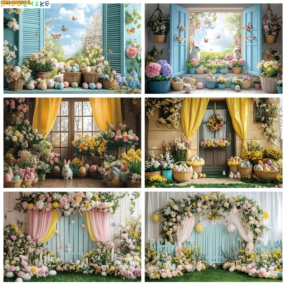 

Spring Garden Happy Easter Day Background Wooden Window Fence Rabbits Butterfly Backdrop Eggs Flowers Photo Studio Props HP-01