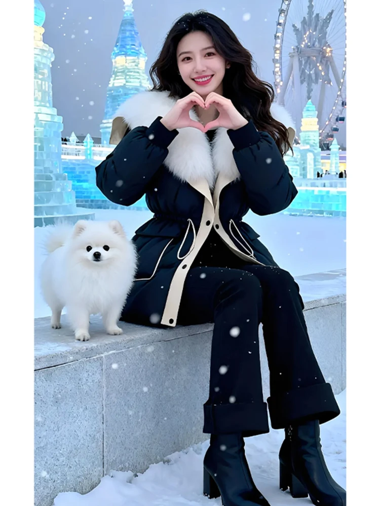 

Korean Sle Thiened down Jaet Beautiful Large Fur Collar Waist-Cinched Winter Warm Outerwear Ele Faionable Cotton ...