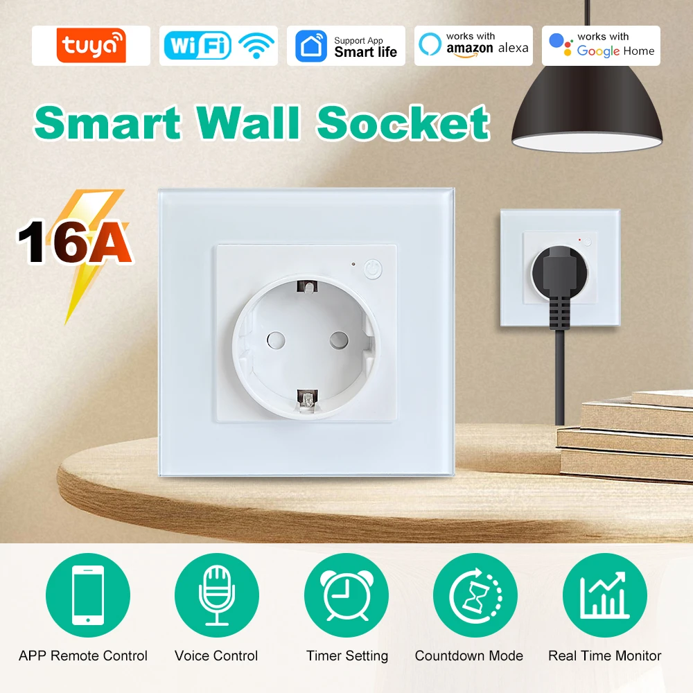 

Tuya Wi-Fi умная визирующая розетка ЕС, стеклянная панель, электрические розетки 16А с железной панелью, голосовое управление, Alexa Google Home