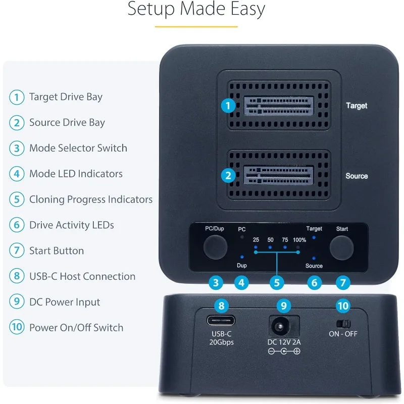 1:1 M.2 NVMe Laufwerksduplikator, 90 GB/min Standalone M.2 SSD Cloner/Kopierer, USB-C 3.2 20 Gbit/s M.2 Dual-Bay Drive Dock