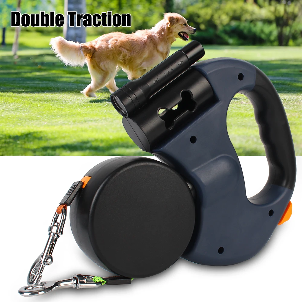 Dual Dog Leash Double-Ended Traction Rope 3m Roulette Auto Retractable Pet supplies With Flashlight Waste Bag Box