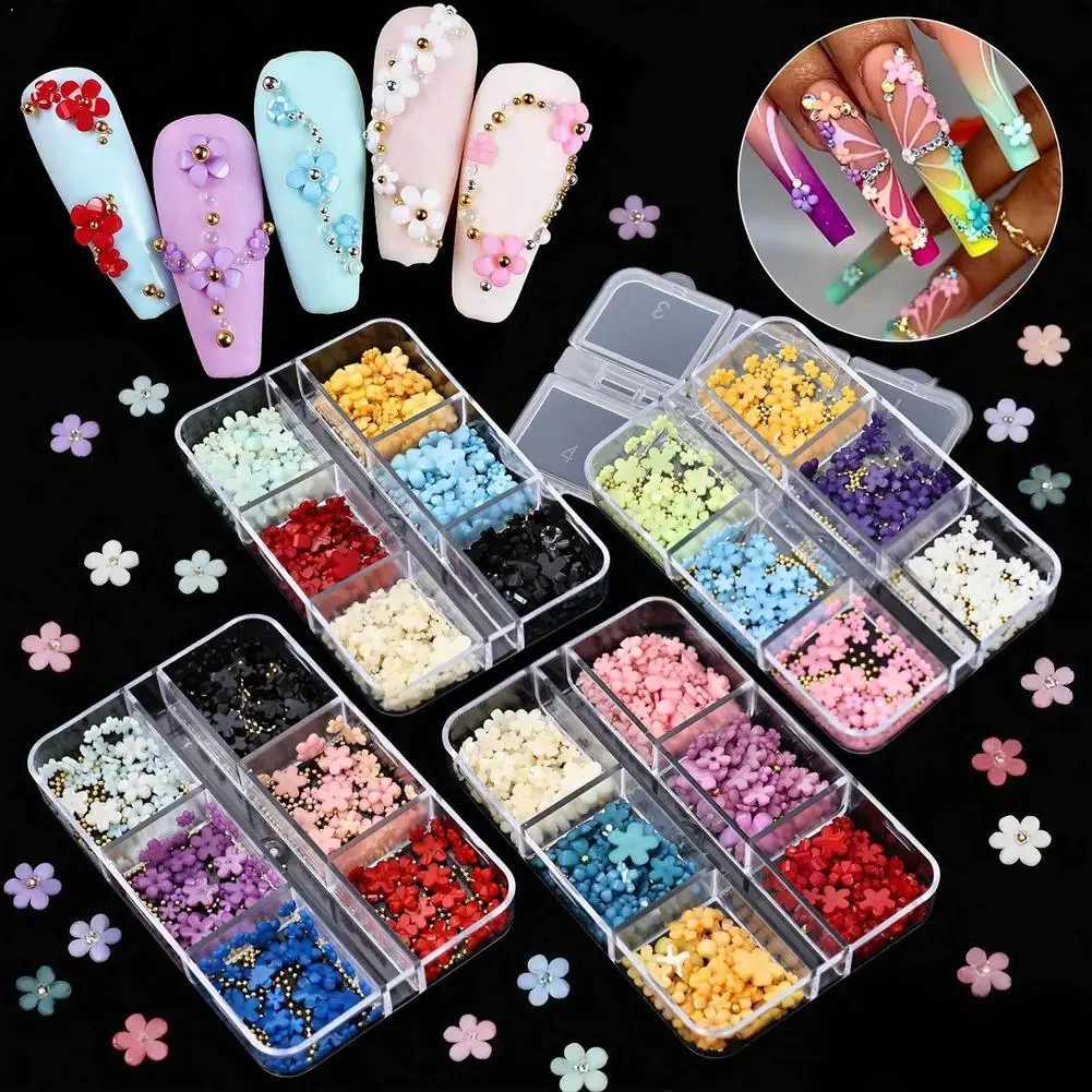 3D Flower Nail Art Decorations Colorful 5-Petal Flowers Mixed Size In 6/12/24 Slots Case, DIY Professional Nail Supplies