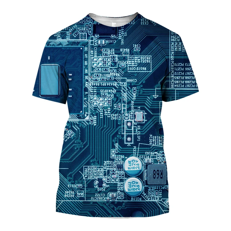 Electronic Chip 3D Printed T-shirt Cool Circuit Board Pattern Men\'s Fun Hip Hop Street Fashion Casual Crewneck Short Sleeve Top