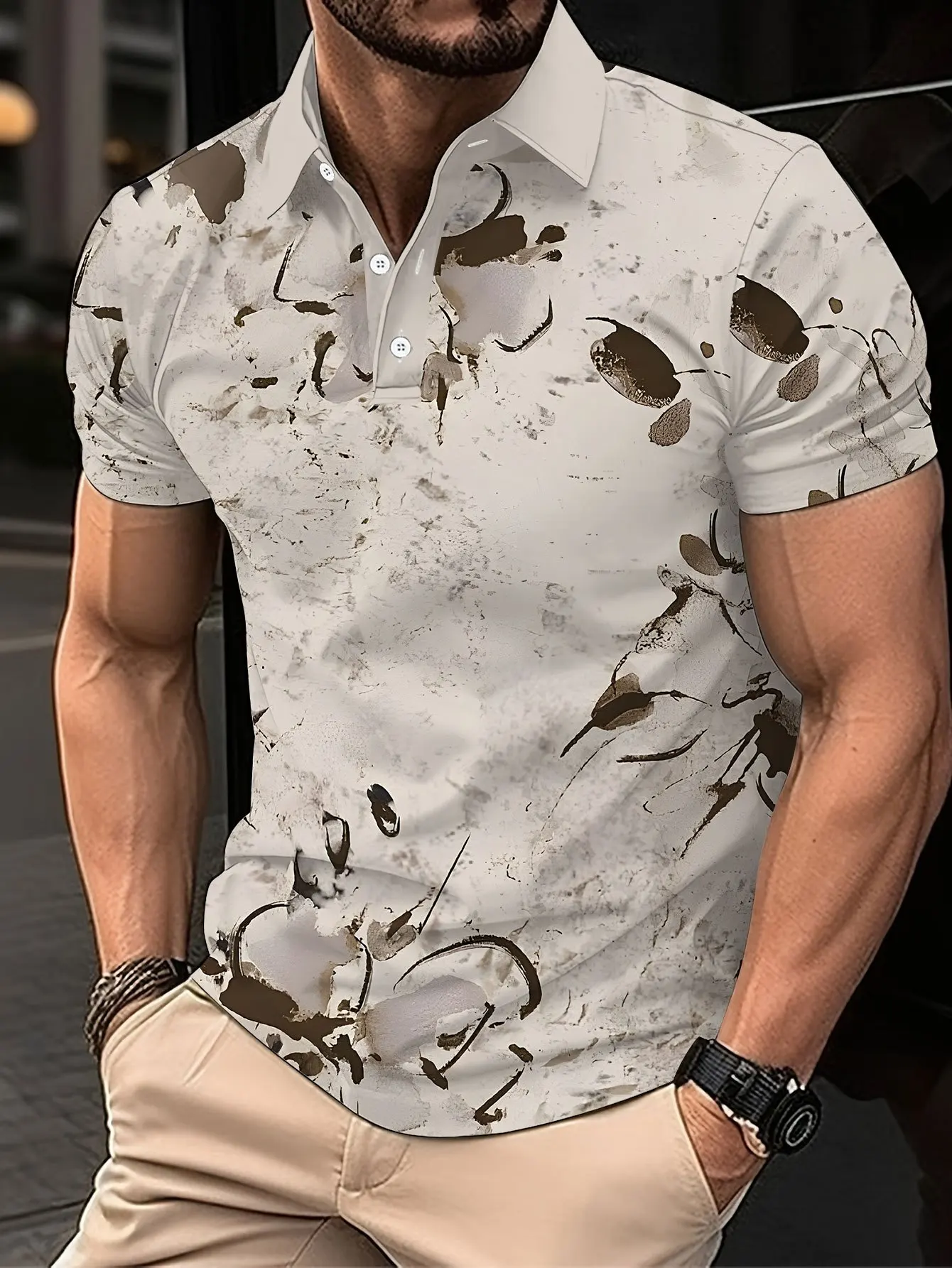 New men's short-sleeve polo shirt T-shirt, loose-fitting and tailored with printed patterns, versatile basic crew-neck top suita