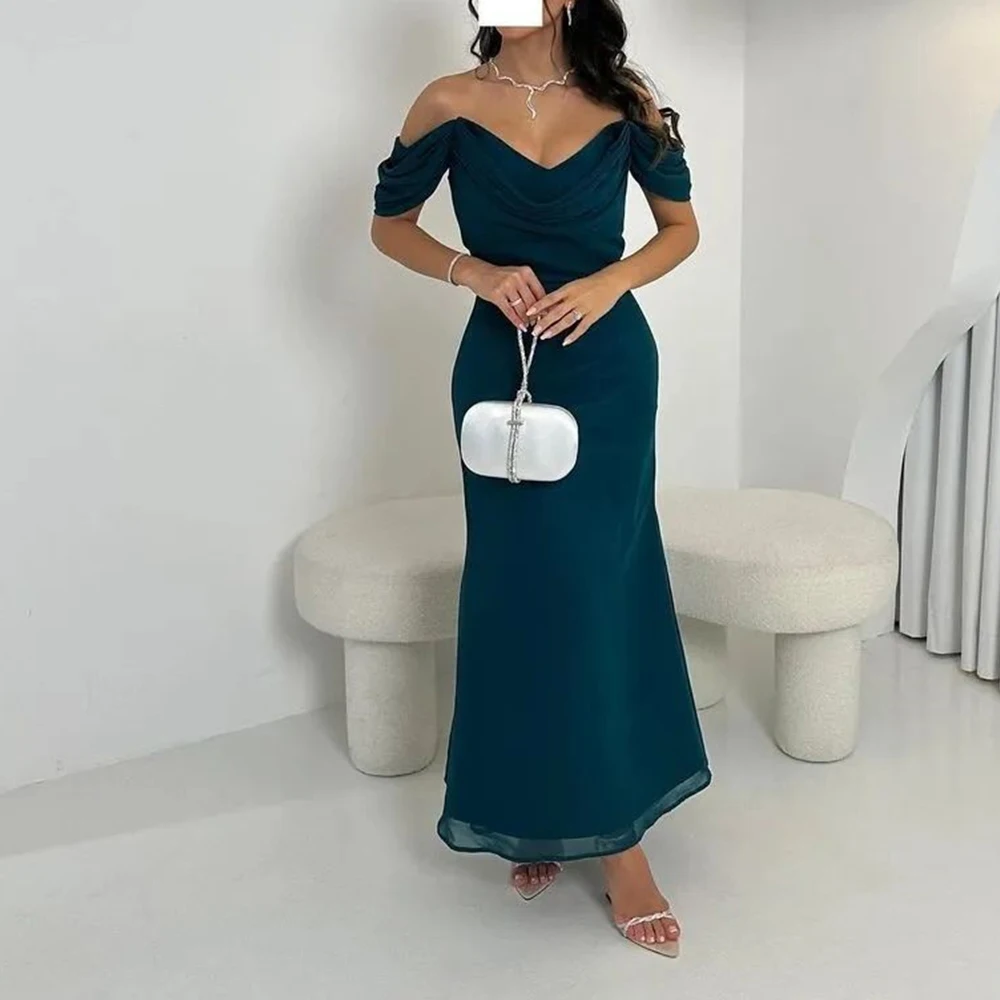 

Customized Chiffon A-Line Off the Shoulder Evening Dress Strapless Floor Length Sleeveless Solid Color Vestidos para mujer