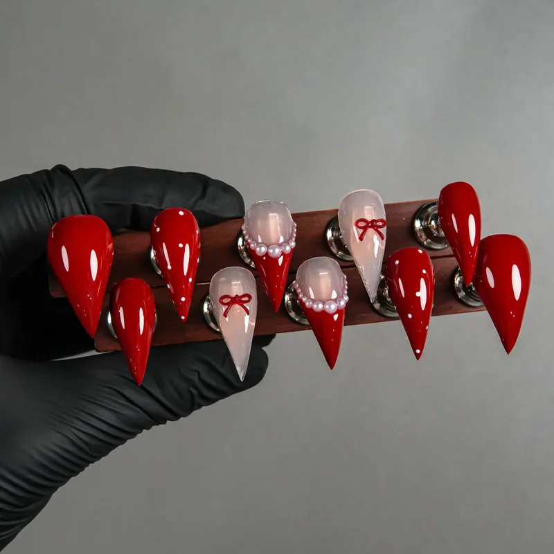 Fresh and gentle style dragon claw ultra-sharp pink-white gradient fake nails, high-quality, detachable manicure