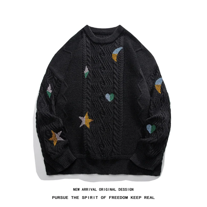 

New Men's Knitted Pullovers Embroidery Patterns Male Knitwear Korean Style Round Neck Couple Sweater Autumn Winter Clothing