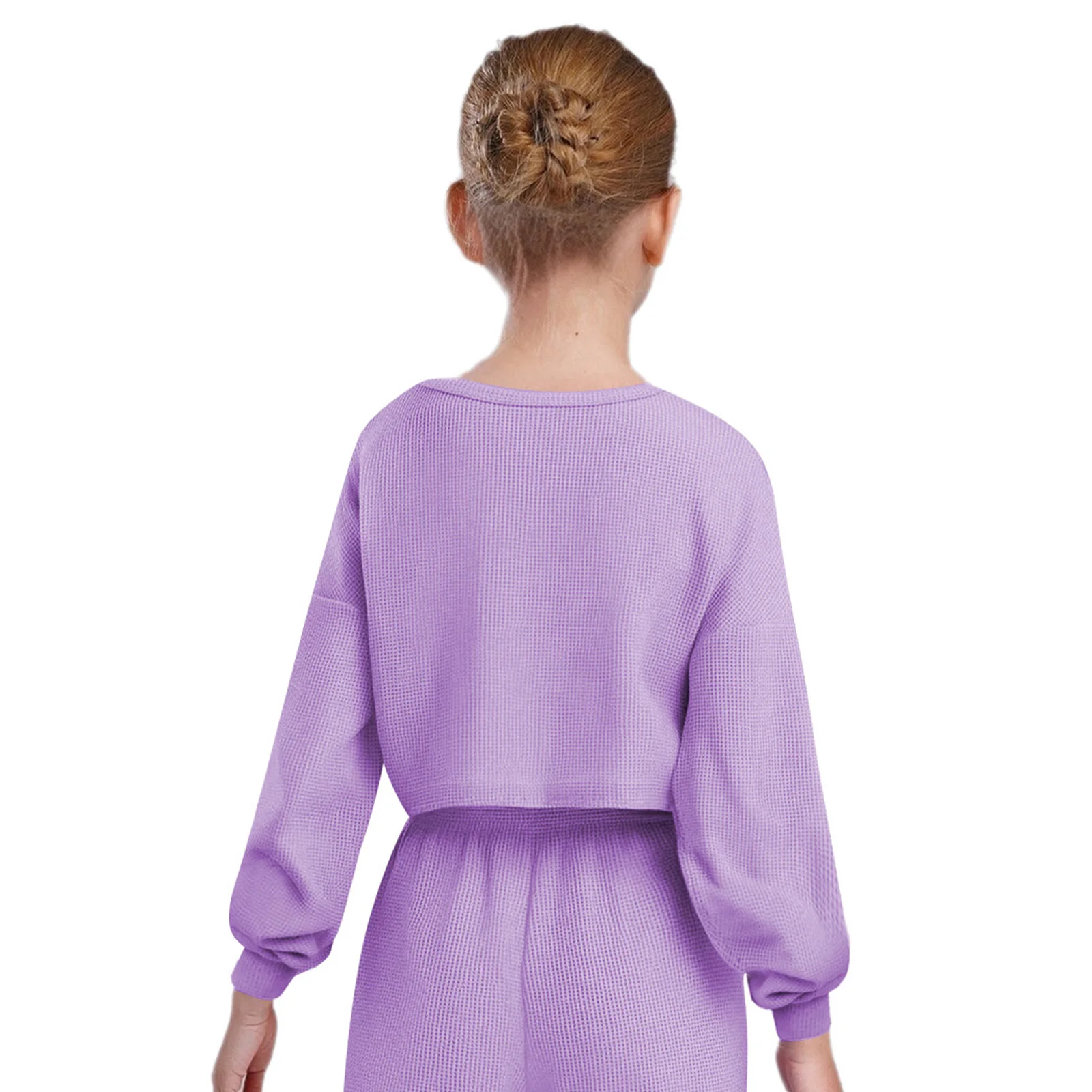 Kids Girls Sweatshirt Crop Top Waffle Solid Color Round Neck Long Sleeve Pullover for Picnic Park Sport Holiday Casual Clothes