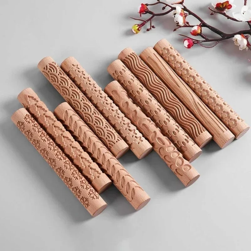 Wooden Texture Rolling Pin Ceramic Pottery Art Embossed Rod Flower Pattern Mud Roll Reliefs DIY Clay Craft Bakery Accessories