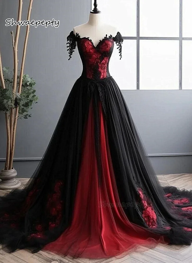 Dark Red And Black Wedding Dress Off The Shoulder A-Line Gothic Wedding Gowns Lace Appliques Back Lace-Up Customized