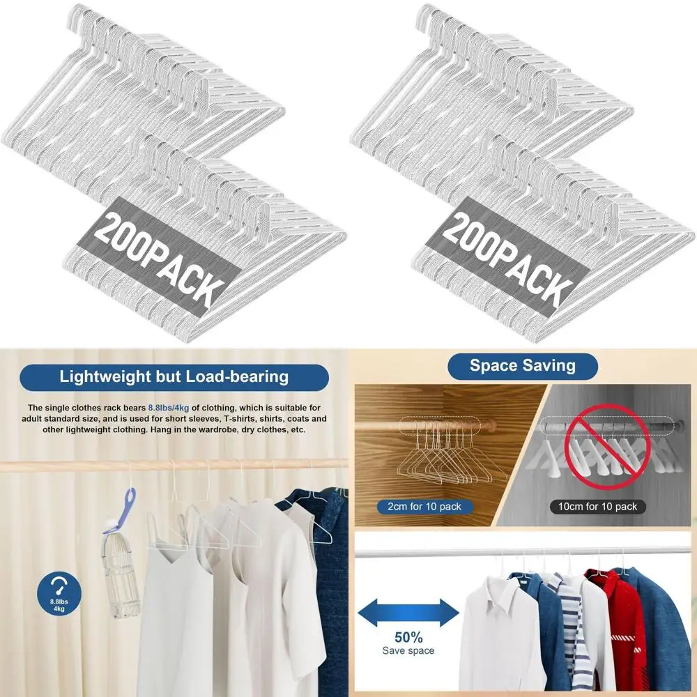 

200 Pack White 16 Inch Ultra Thin Non-Slip Metal Hangers for Standard Clothing