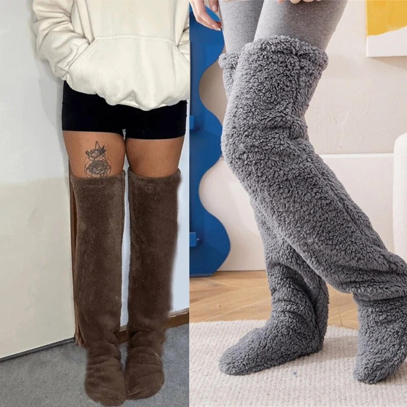 Women Over Knee High Fuzzy Socks Plush Slipper Stockings Warm Long Leg Warmer Winter Home Thigh High Boot Sleeping Socks H9ED