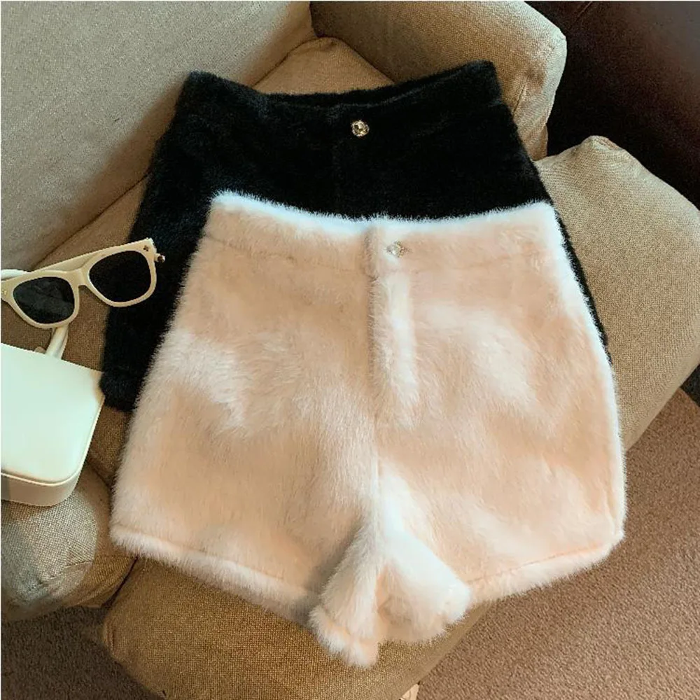Autumn Winter White Faux Mink Velvet Shorts Women Thicken Warm Plush Boot Pants High Waist Casual Wide Leg Short Pants Female