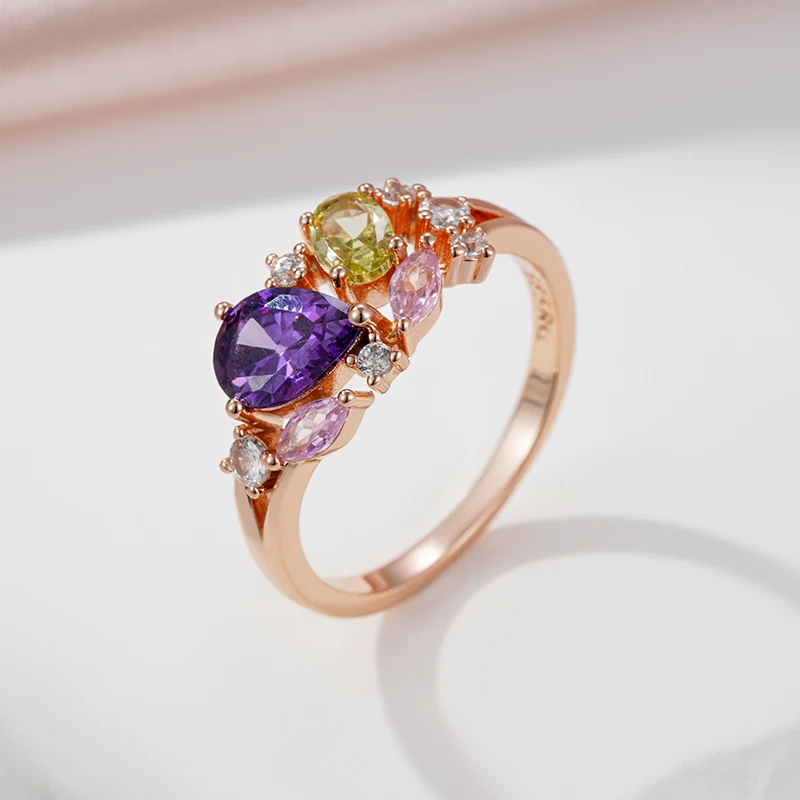 SYOUJYO Multicolored Natural Zircon Luxury Ring For Women 585 Rose Gold Color Party Fine Trendy Jewelry