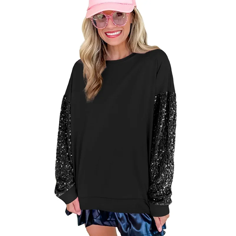 Jersey de retales con lentejuelas para mujer, sudaderas coloridas versátiles y sencillas de manga larga con cuello redondo, Tops informales NASY0002, novedad de 2024