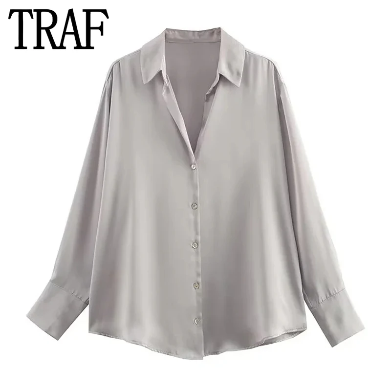 TRAF 2023 Woman Pink Shirt Satin Long Sleeve Blouse Women Collared Button Up Summer Shirt Casual Elegant And Youth Woman Blouses