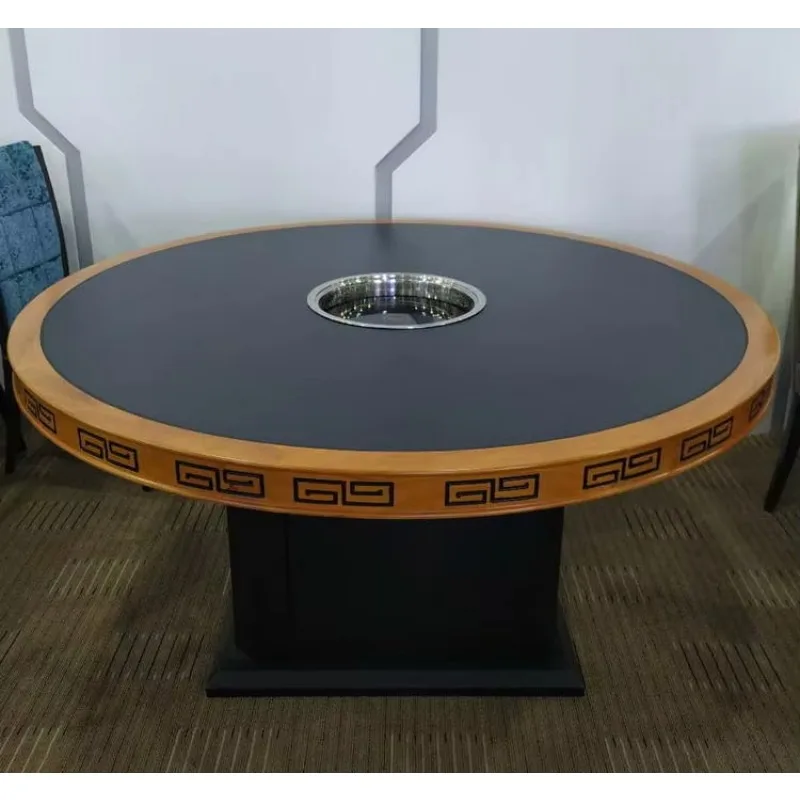 

China Supplier Exquisite Carved Craft Metal Frame Restaurant Round Hot Pot Dining Wood Table