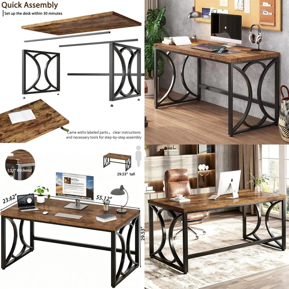 Industrial Rustic Wood Metal Desk, 55 Simple Study Executive Desk for Home Office, Bedroom, Living Room, Ideal for PC Gaming and